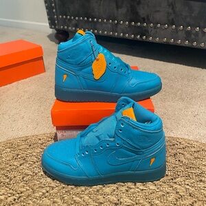 Blue High-Top Sneakers with Orange Accents